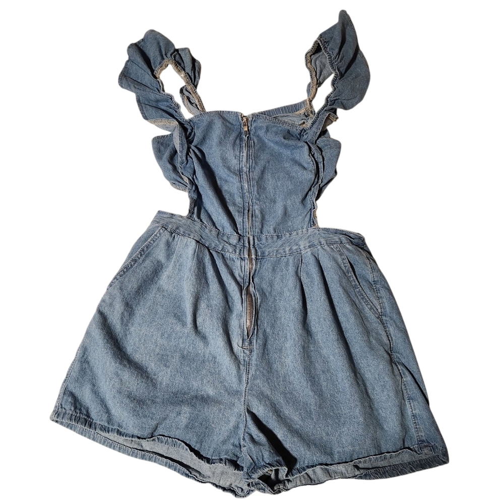 Shein Womens Sz L Denim Romper Shorts Ruffle Strap Zipper Front Open Back